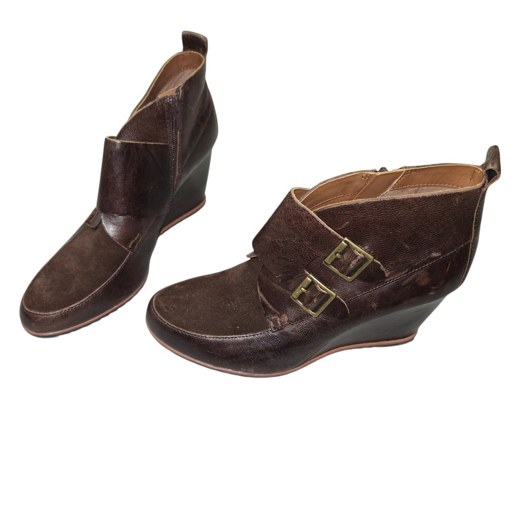 Korks Double Monk Strap Leather Suede Wedge Ankle Booties Brown Sz 10